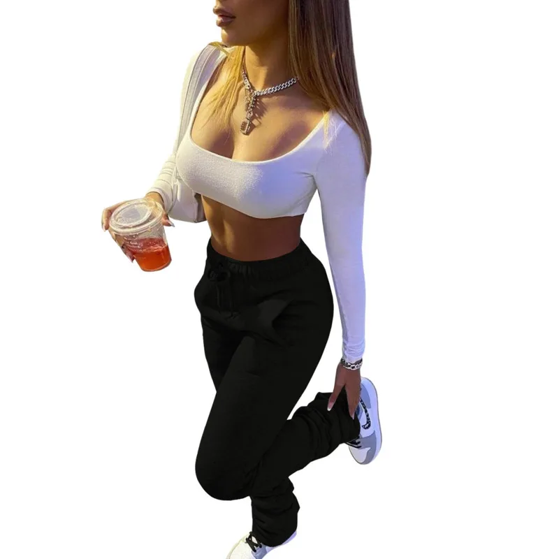 

Stacked Pants Women Solid High Waist Drawstring Bell Bottom Flare Pleated Pants Casual Active Leggings Thick Sweatpants Trousers