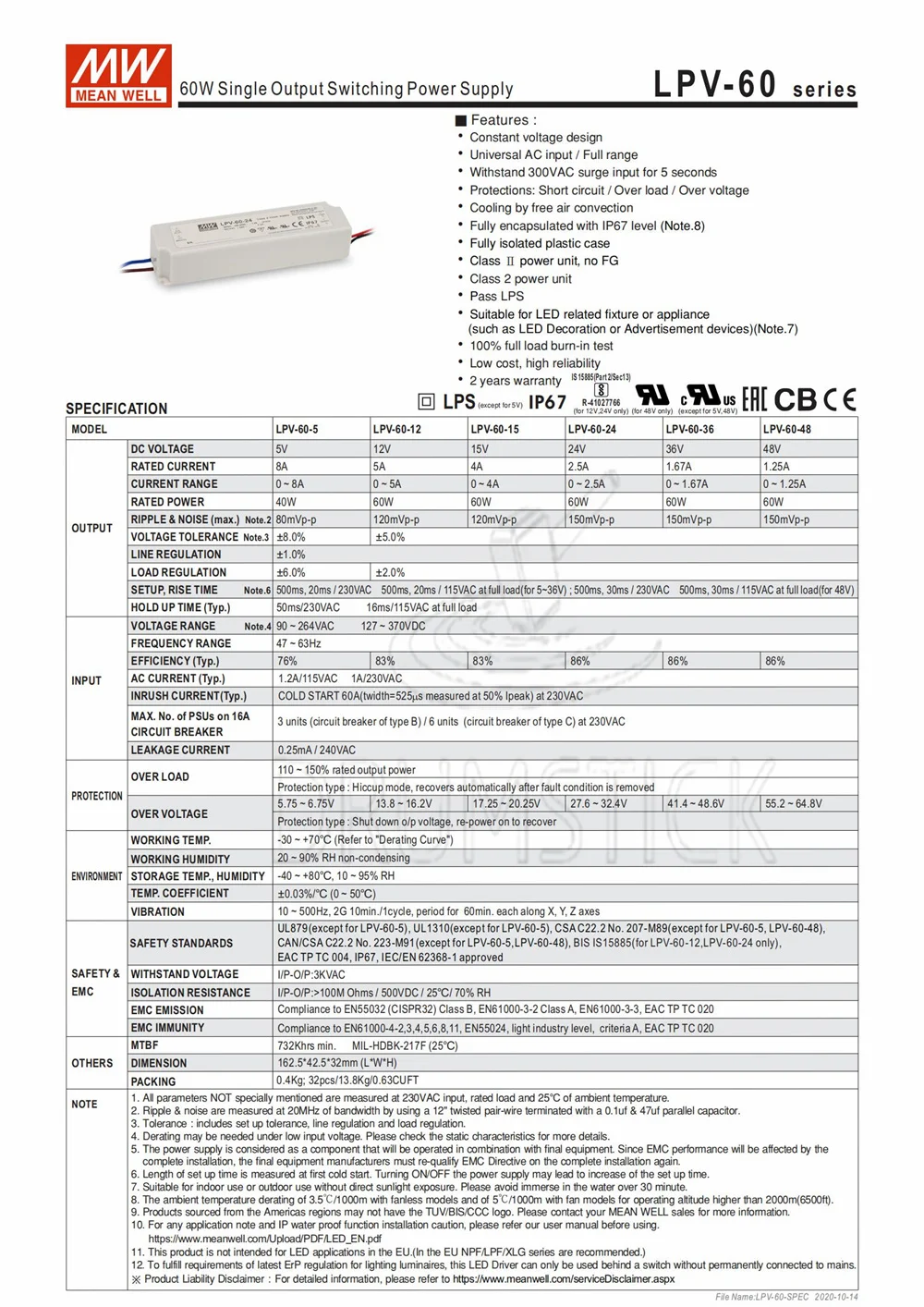 MEAN WELL LPV-60-24 24V 2.5A meanwell LPV-60 60W одиночный выход Светодиодный импульсный источник