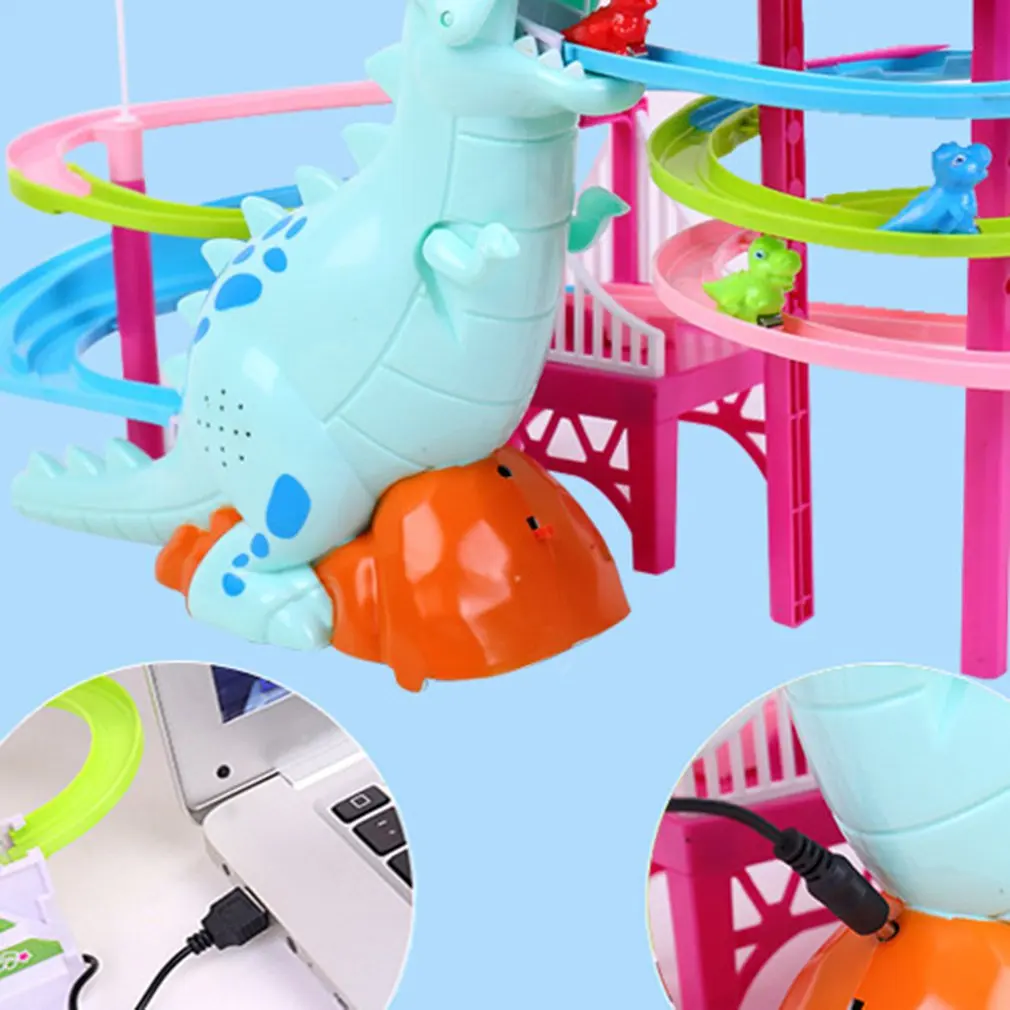 

Music Cartoon Dinosaur Paradise Suit Pig Toys Climbing Stairs Track Peggy Slide Electric Assembly Colorful