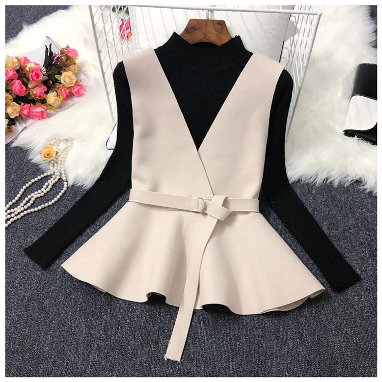 ALPHALMODA осень НОВАЯ Трикотажная нижняя рубашка+ жилет модный костюм из двух частей женский жилет с v-образным вырезом и поясом+ свитер с длинными рукавами