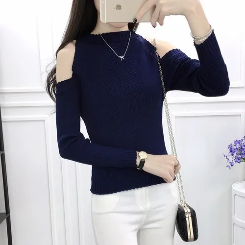 Женский свитер с открытыми плечами TingYiLi Осенний вязаный пуловер длинным рукавом