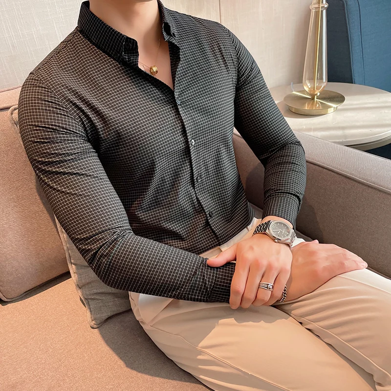 

Gzdeerax Black Men's Shirts Luxury Long Sleeve Plaids Business Casual Male Shirts Fashion Slim Fit Party Man Shirts 4XL