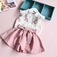 2pcs children clothes set little girls sleeveless embroidery shirt bowkont shorts kids outfits