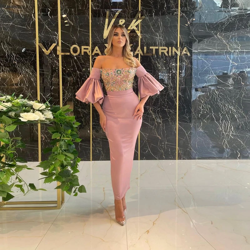 

Beauty Blush Pink Colorful Crystal Sequins Women Dresses South Affrican Style Satin Ankle Length Mermaid Evening Dress Aso Ebi