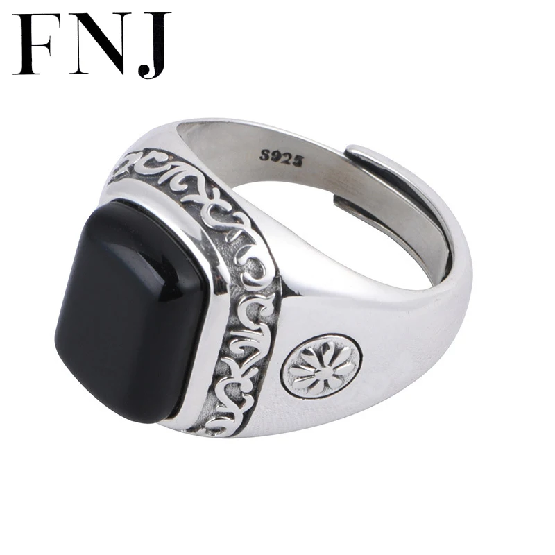 

FNJ Black Agate Ring 925 Silver New Original S925 Sterling Silver Rings for Men Jewelry Adjustable size