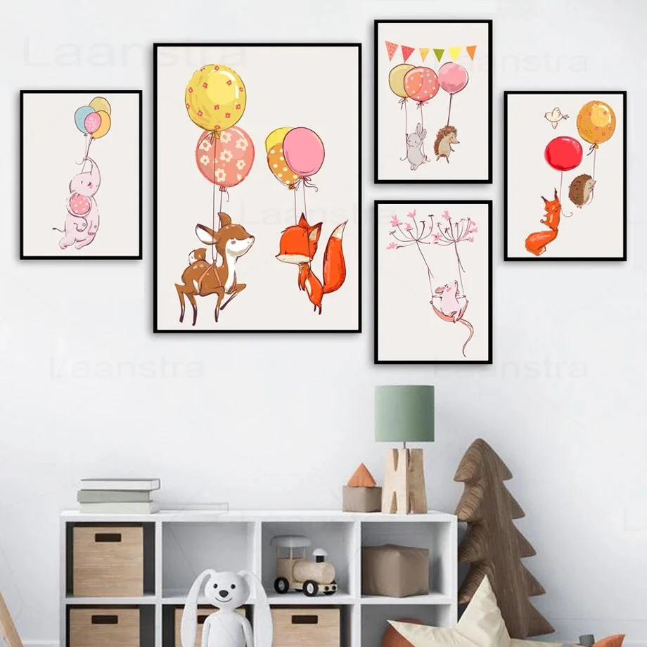 

Flower Balloon Cartoon Canvas Painting Children Room Home Decoration Cute Deer Fox Wall Picture Hedgehog Posters and Prints