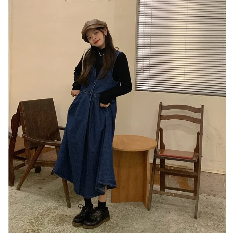 Женское джинсовое платье-майка свободного покроя на осень и зиму | Женская одежда