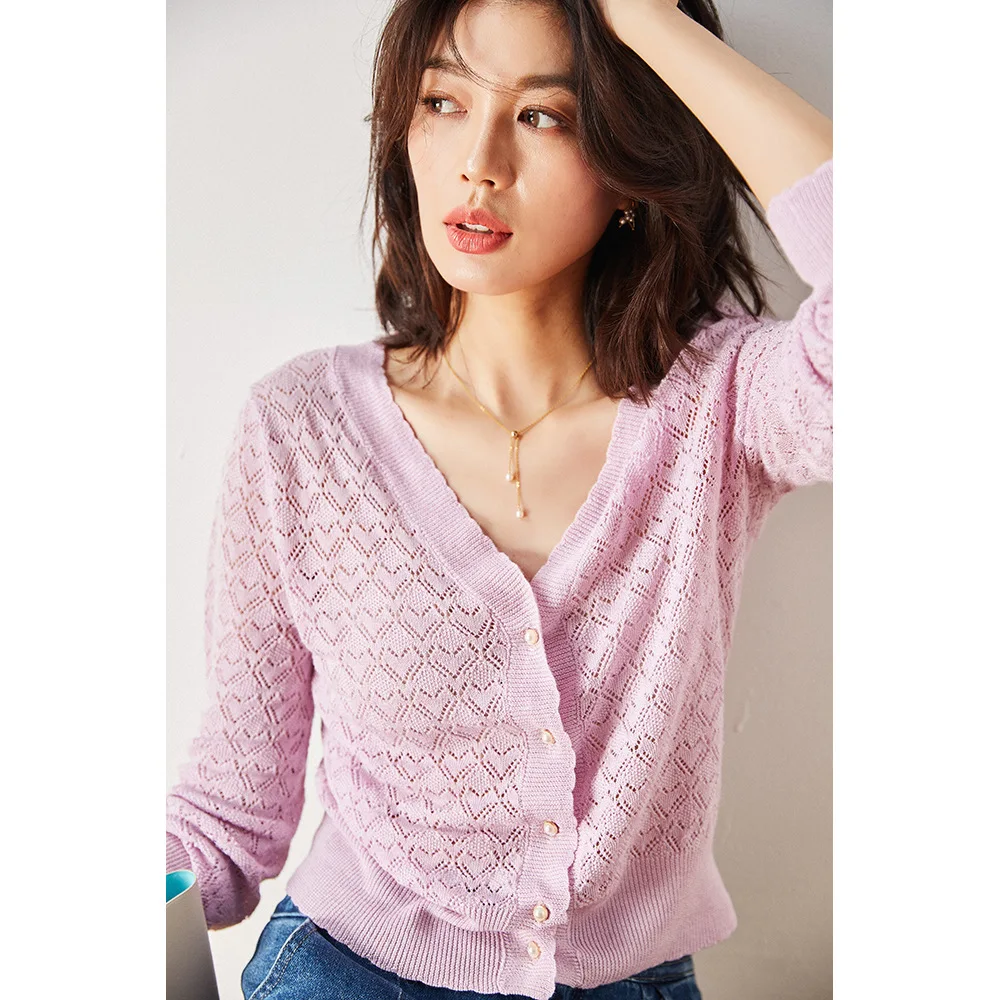 

Summer Hollow Out Long Sleeve Knit Sweater Casual V Neck Single Breasted Cardigan Elegant French INS Blue Women Ramie Clothes za