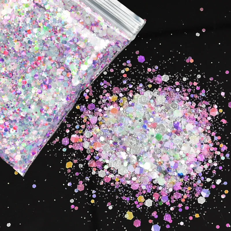 

8Color 50g Chunky Mix Nail Glitter - AB Purple Opal Chunky Mix Glitter-Opal Crushed Crystal custom mix chunky hex poly glitter,
