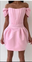 verngo modern pink satin prom party dresses off the shoulder sleeves pleats mini cocktail dress lady party gown