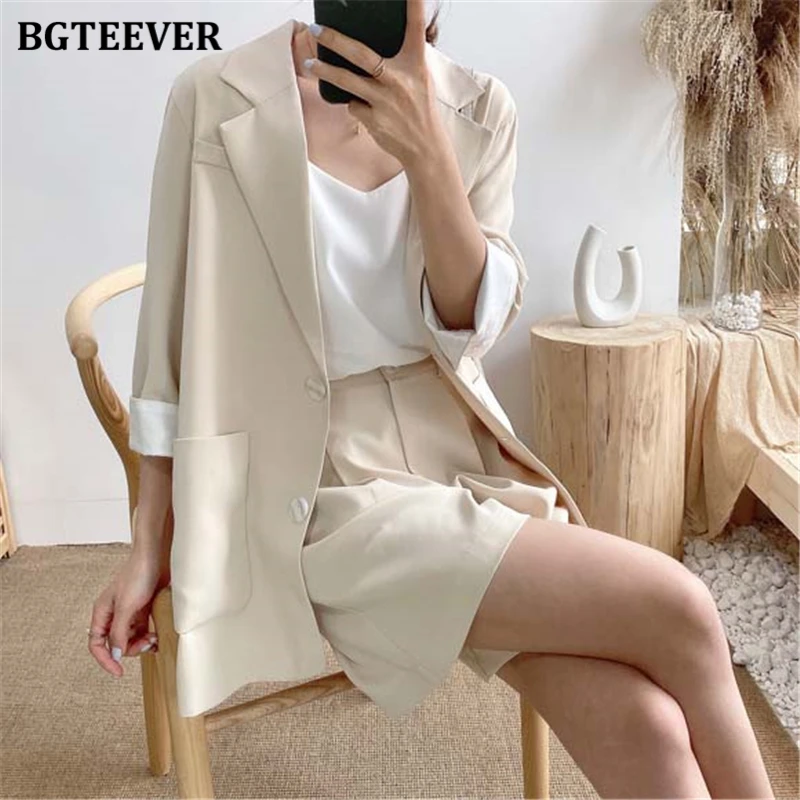 BGTEEVER Elegant Two-piece Women Blazer Suit Pockets Female Shorts Set 2020 Summer Office Ladies Short Pant Suits | Женская одежда