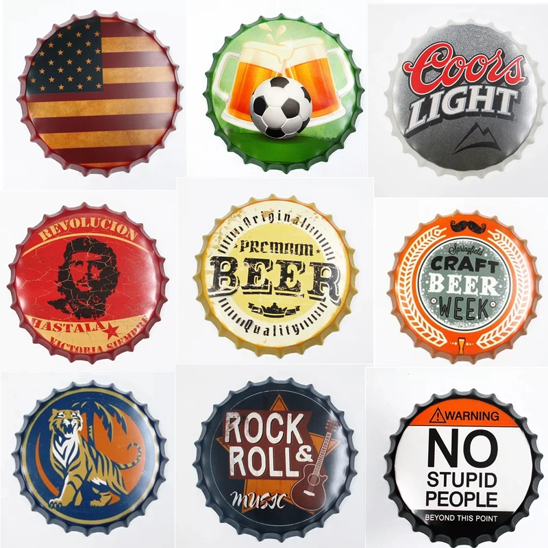 

Beer Bottle Cap Sign Iron Plate Paintings Retro Beer Brand Indoor Wall Decor Metal Plaques Tin Signs