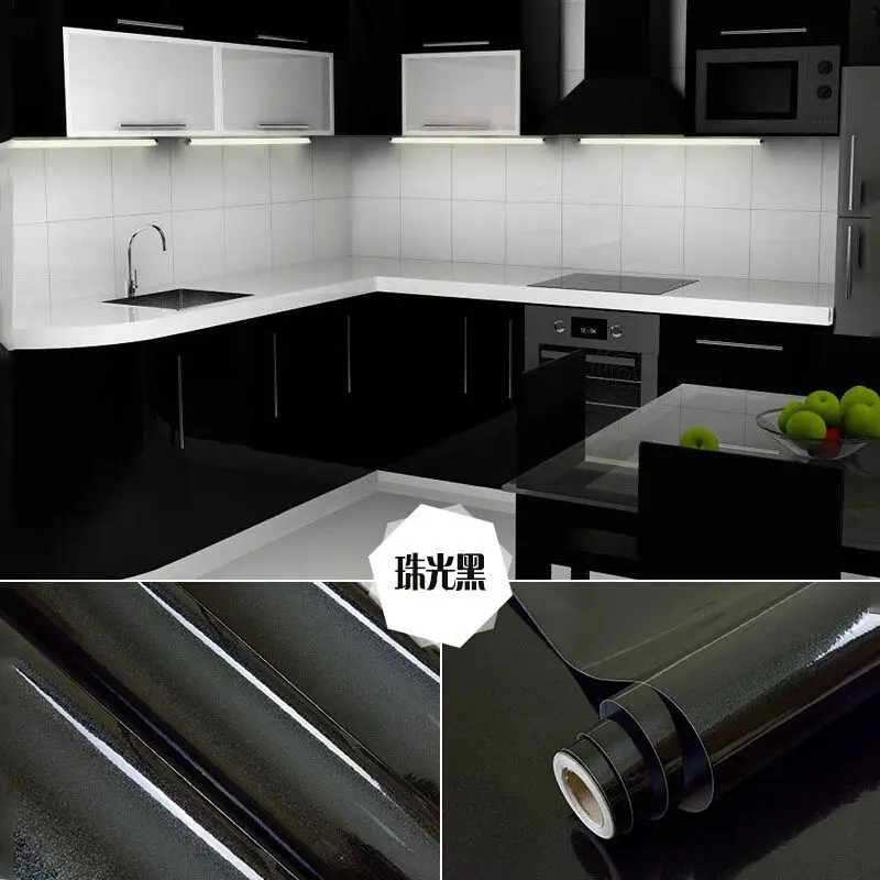 

Shiny Black Restorative Peel & Stick Films Waterproof Oil-proof Wall Stikers Self-Adhesive Wallpaper for Kitchen Cabinets Decals