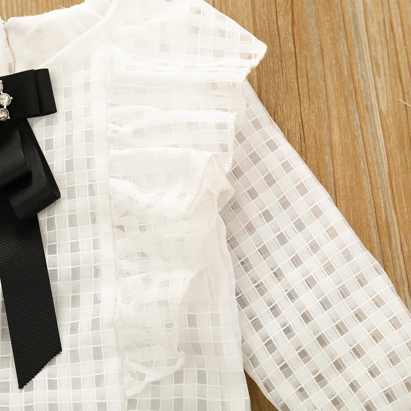 

Autumn Kids Baby Girl Clothes Long Sleeve White Plaid Hollow Bow Tops+Black PU Skirt 2PCS Suits Student Girls' Clothing Sets