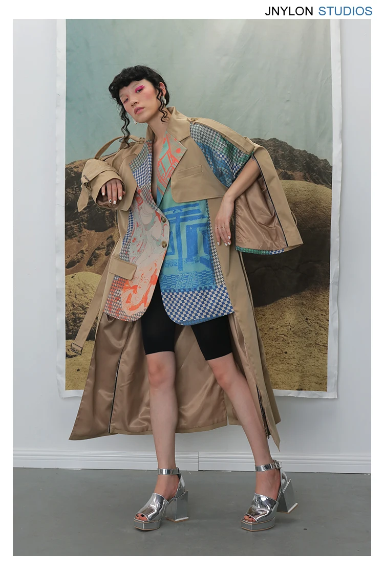 DEAT Autumn And Winte Turn-down Collar Patchwork Printed Maps Batwing Sleeves Waist Belt Female Trench Coat Loose WJ27004L