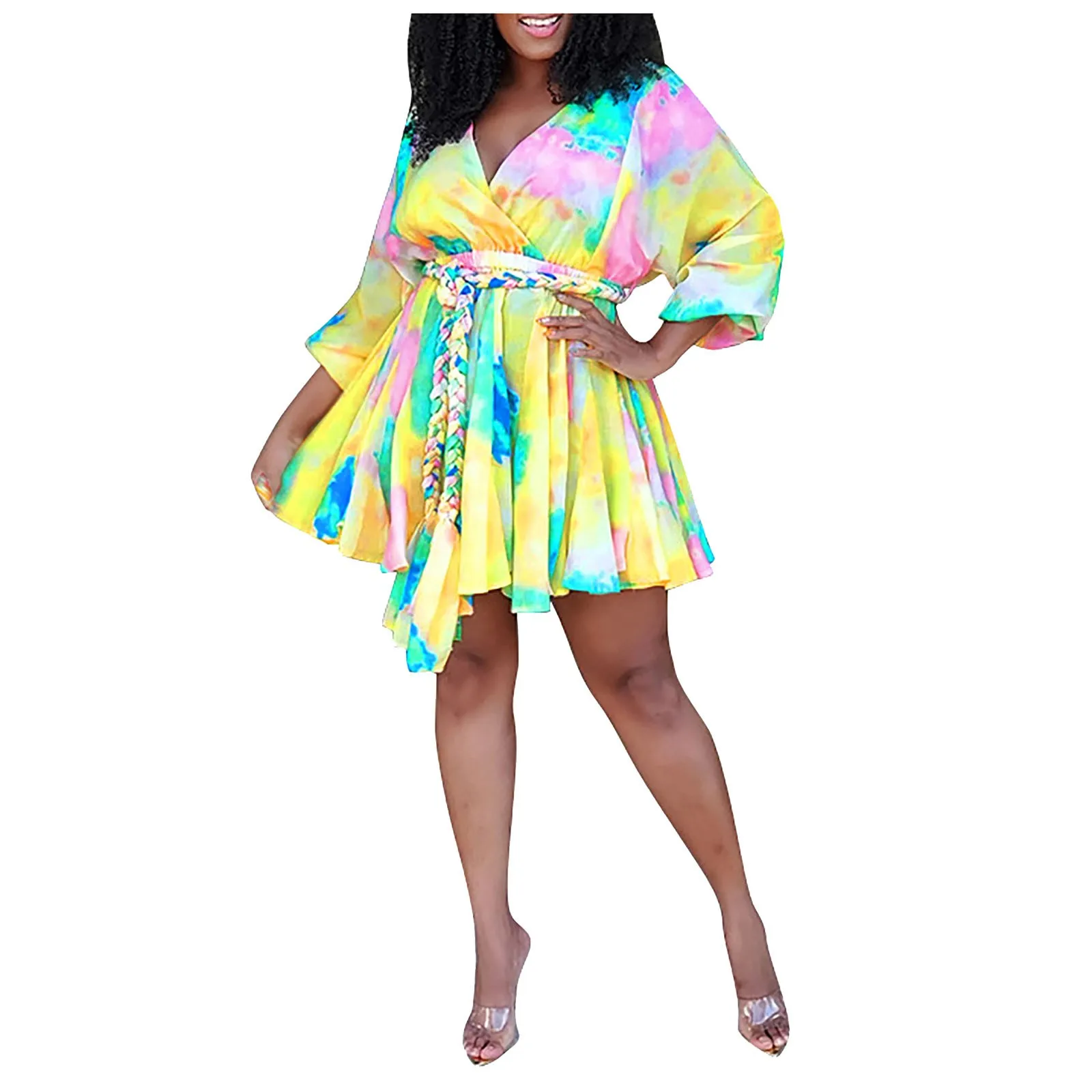 

Women's Dress Summer 2021 Vintage Plus Size 5XL Fashion A Line Print V-neck Sexy Woven Banquet Dress With Belt Mine Vestido G8#