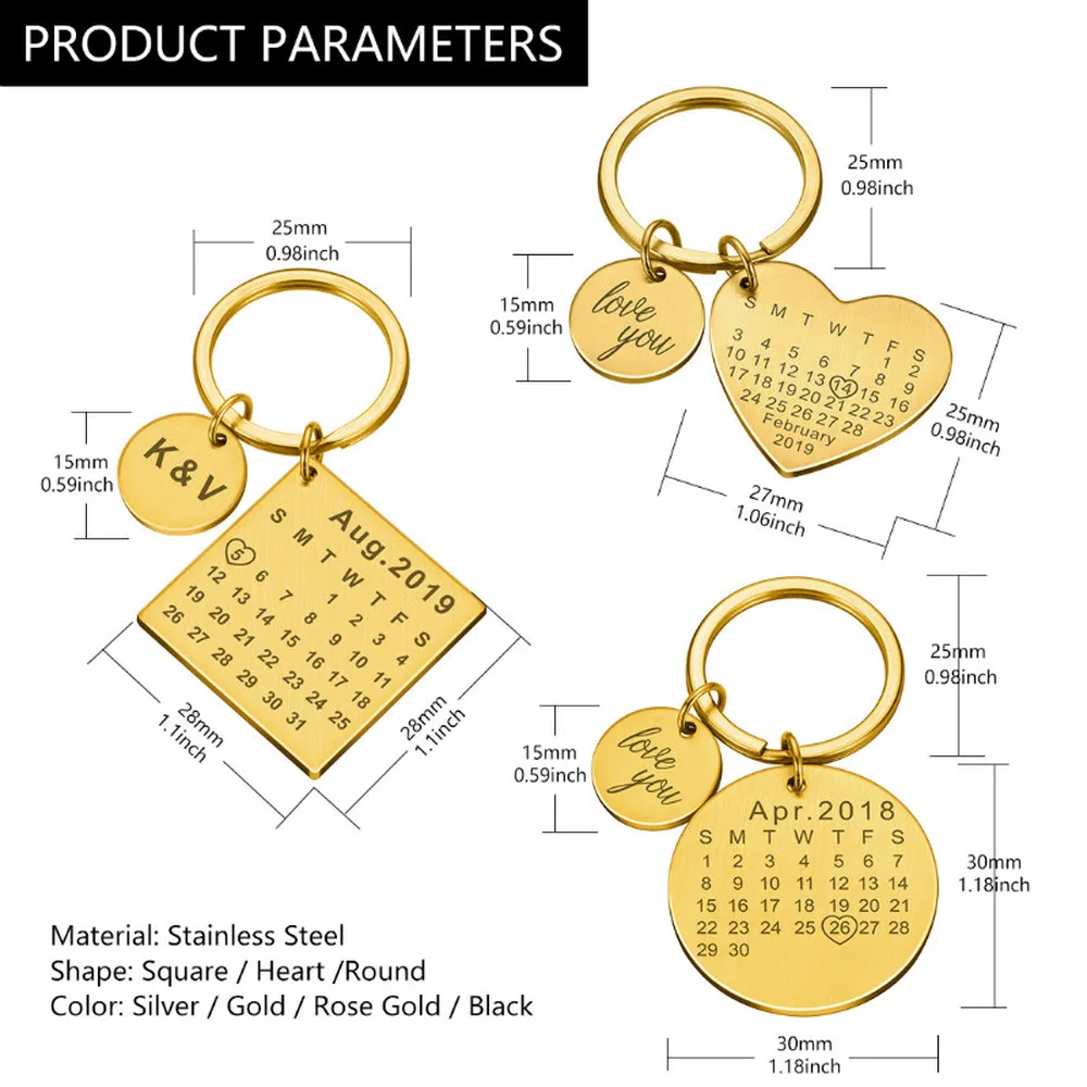 

Personalized Calendar KeyChain Ring Custom Stainless Steel Engrave Date Wedding Keyring Gift Support Dropshipping/Wholesale