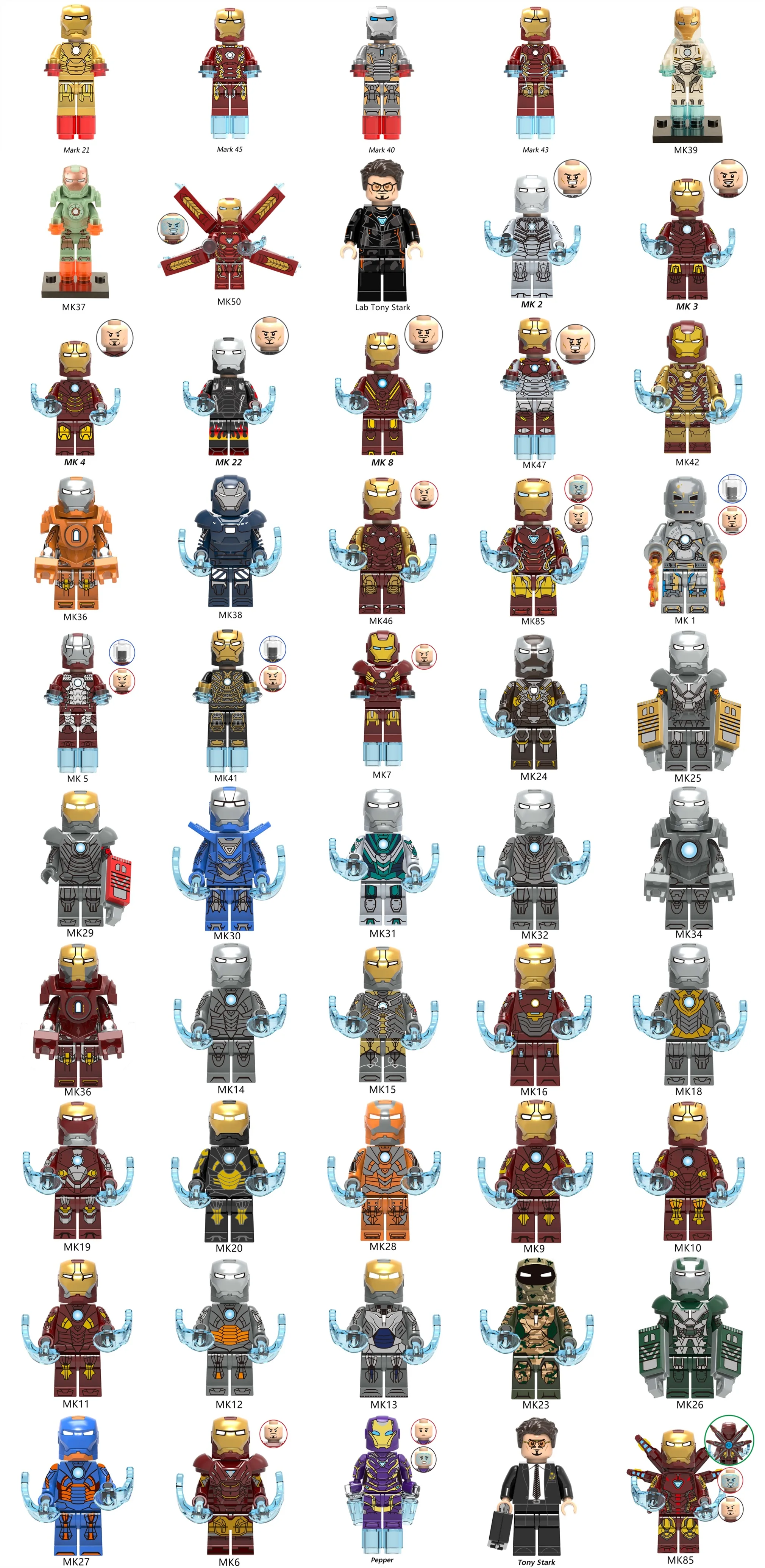 50 + Железный человек набор Mark MK Tony Stark MK1 MK2 MK3 MK4 MK85 мстители Супер Герои миньфиг
