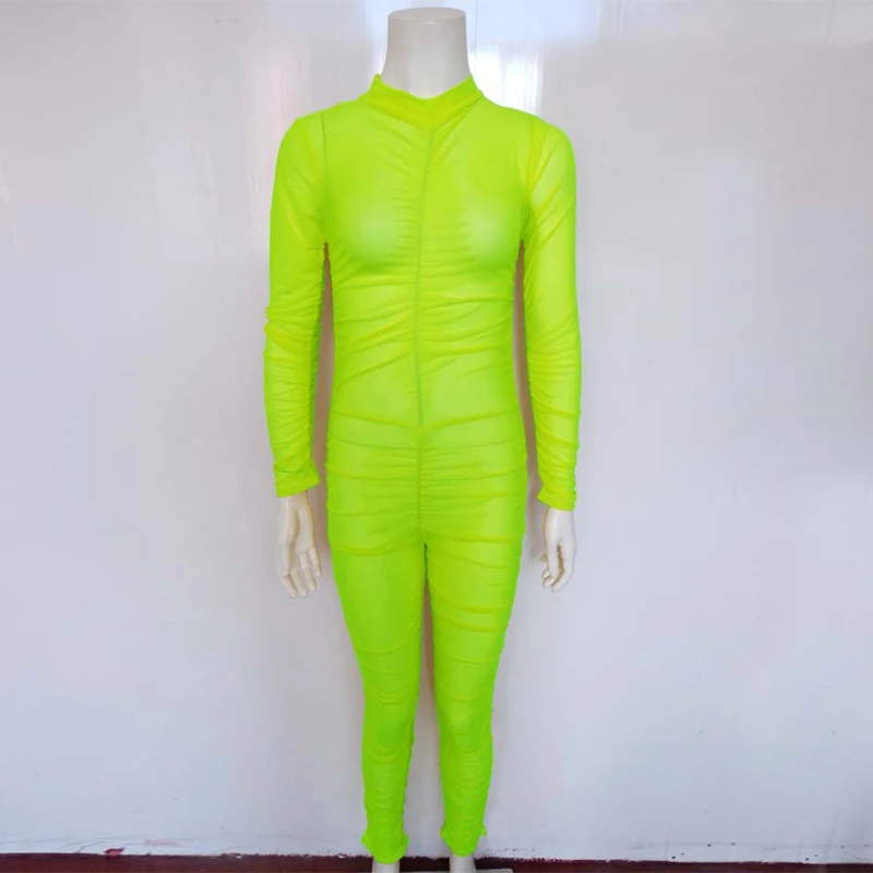 

Women Jumpsuit Sheer Mesh See Through Romper Turtleneck Long Sleeve Skinny Bodysuit Autumn Neon Green Club Party Bodycon Catsuit