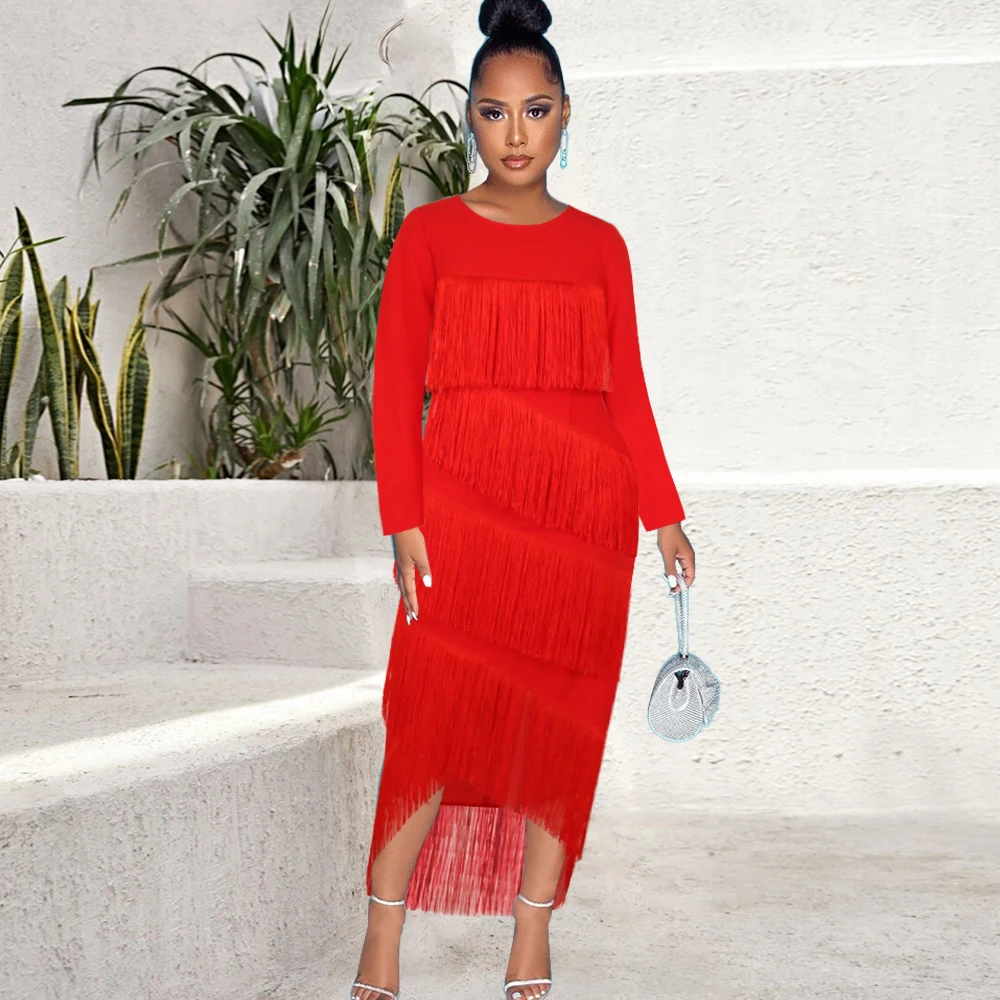 

Party Dresses Women Evening Elegant Long Sleeve O Neck Tassels Dress Irregular Length African Birthday Bodycon Fringe Dress 2022