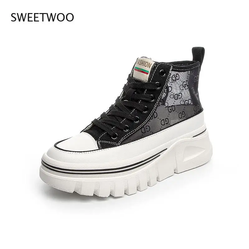 

White Shoes Women 2021 Flat Platform Round Toe High-Top Thick-Soled Single Shoes Spring and Autumn Casual Letter Ins Sneakers