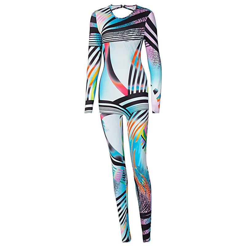 

Newest Women Sexy Jumpsuits Printing O-Neck Long Sleeve Back Hollow Out Lace-up Skinny Pencil Pants Rompers For Party Club
