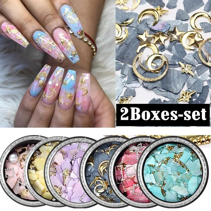 2 коробки золотые наклейки для ногтей Strass Star Moon Decoration Mix 3D Стразы AB Shell Блестки