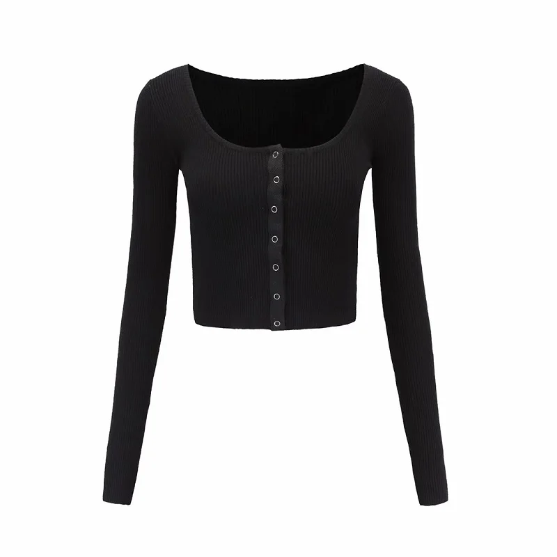

American-style big round neck button short cardigan, fashionable, slim and thin threaded sweater top women
