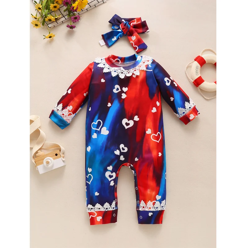 

Newborn Baby Girls 2-piece Outfit Set Long Sleeve Heart Print Romper Jumpsuit + Headband Set