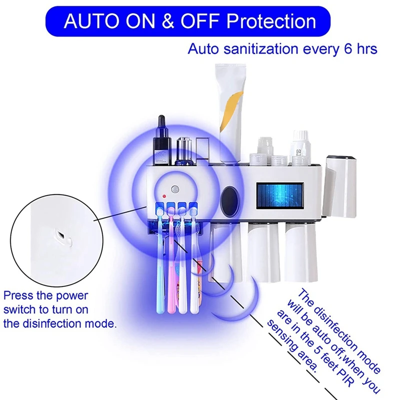 

UV Toothbrush Holder with Toothpaste Dispenser Squeezer, PIR Sensor,Bathroom Punch Free Wall Mounted UVC