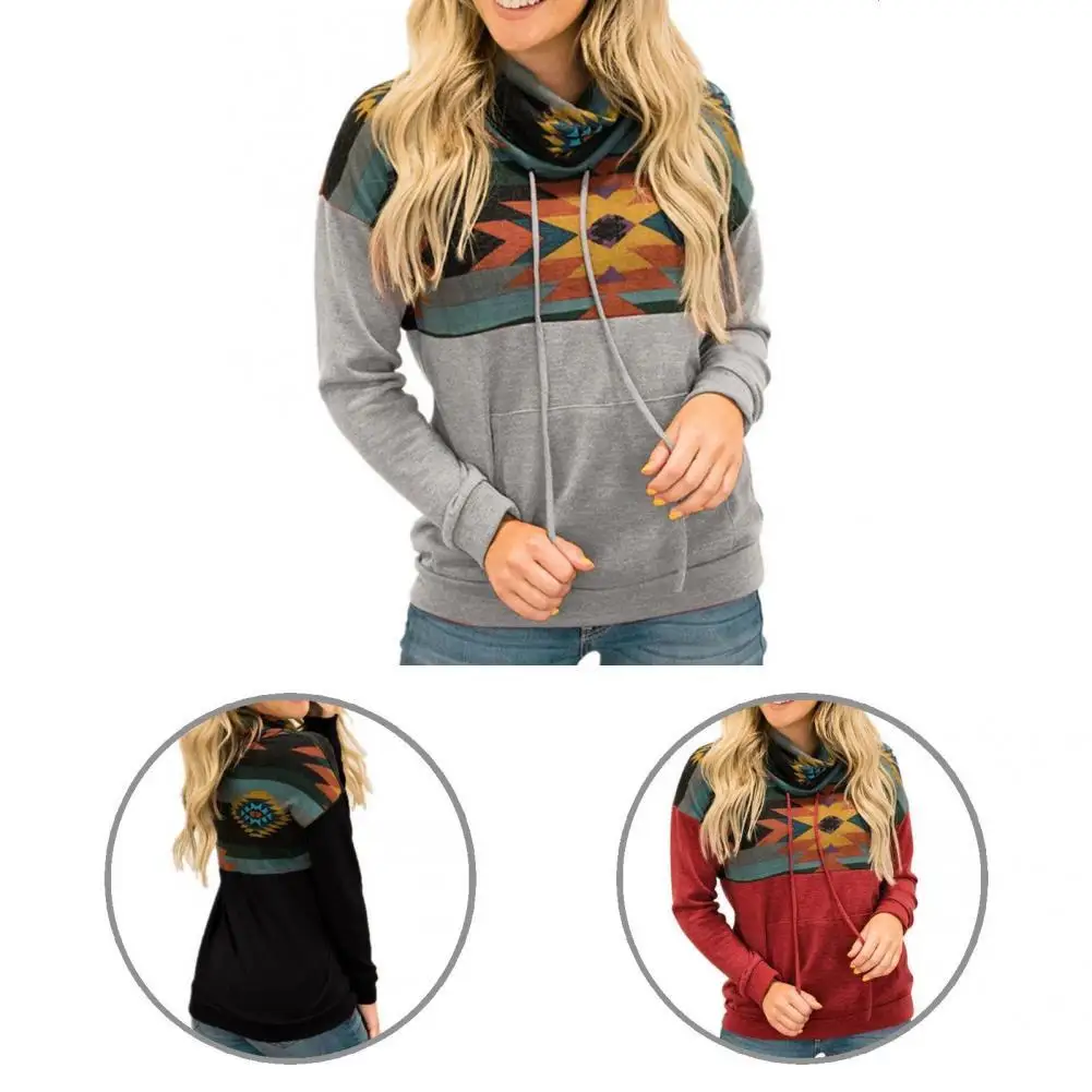 

Pullover Hoodie Shrink Resistant Casual Hoodie Long Sleeve Drawstring Trendy Ethnic Printed Patchwork Casual Hoodie