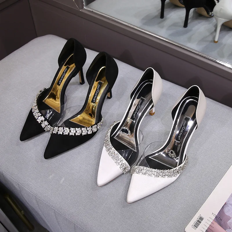 

2021 Spring New Pointed Suede Inlaid Diamond Shoes Women's Shallow Mouth Thin Heel High Heels Sexy Hollow Single Shoes