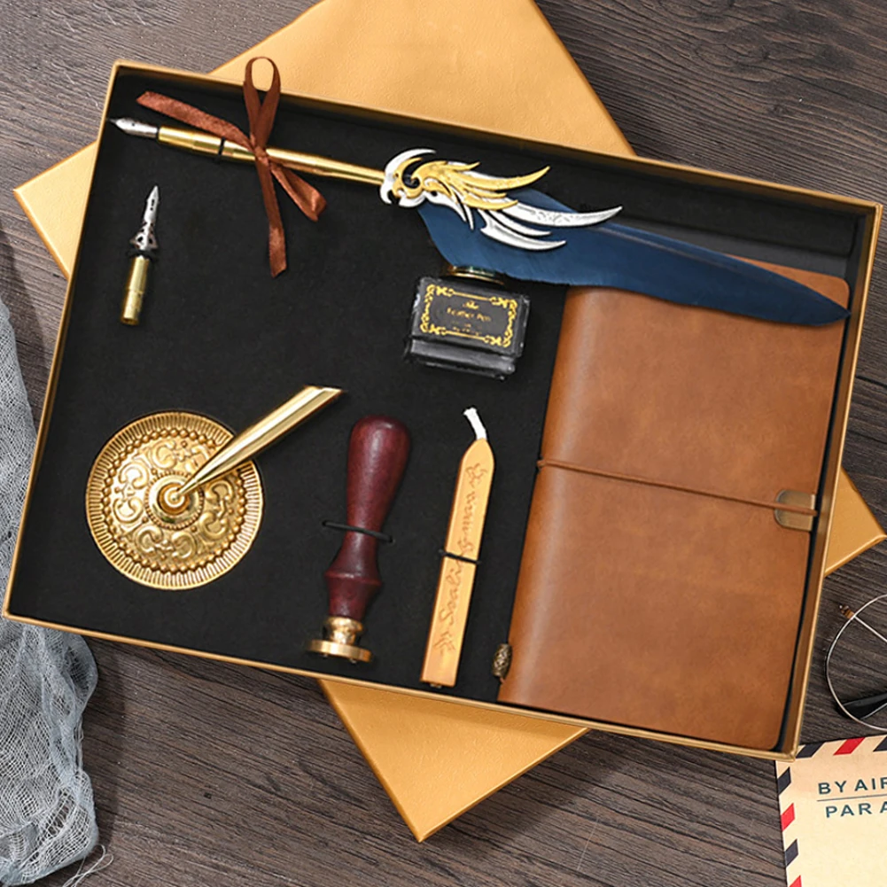 

Retro Vintage Fountain Pen Set Wax Seal Stamp Notebook Empty Ink Bottle Calligraphy Feather Writing Dip Pen Birthday Gift Box