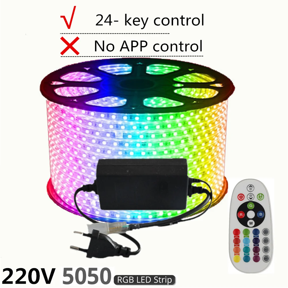 220V 5050 RGB-24Key 220V Светодиодные ленты светильник RGB SMD 5050 лента с помощью приложения на телефоне и дистанционное управление Водонепроницаемый гибкий неоновый светодиодный светильник s на открытом воздухе украшения комнаты лампа - Emitting Color: 220V 5050 RGB-24Key