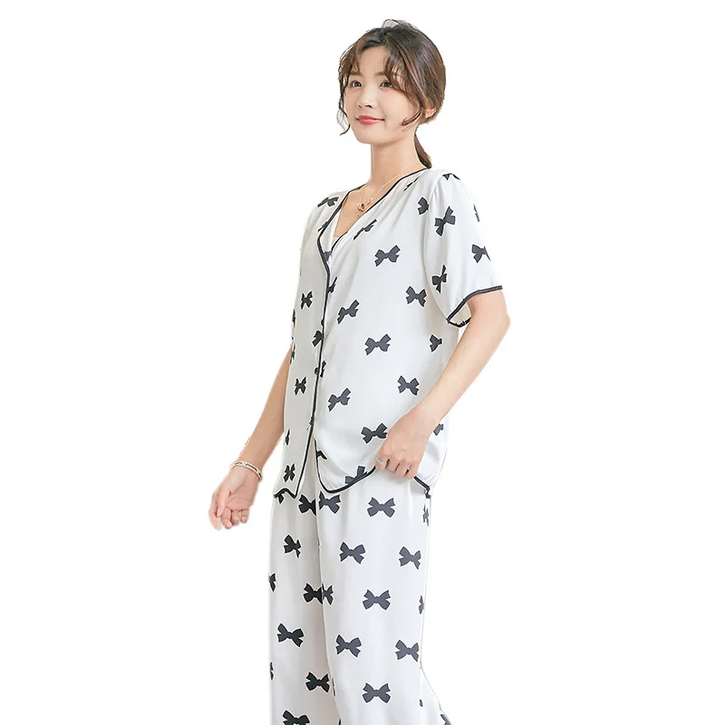 South Korea Summer Woman Pajamas Set Cotton Silk Short Sleeve Pajamas Thin Rayon Cotton Bowknot Woman Cardigan  Casual Home Wear