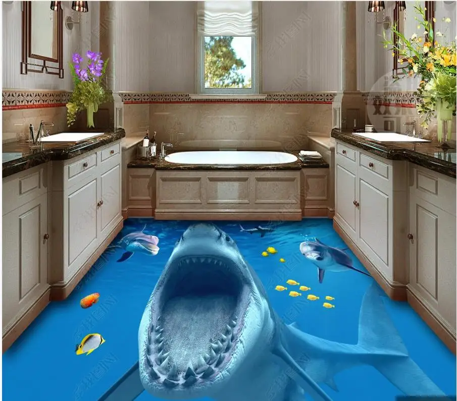 

Custom Self-adhesive waterproof Flooring wallpaper Wall Stickers Mediterranean mural 3D shark bathroom floor mural wall papers
