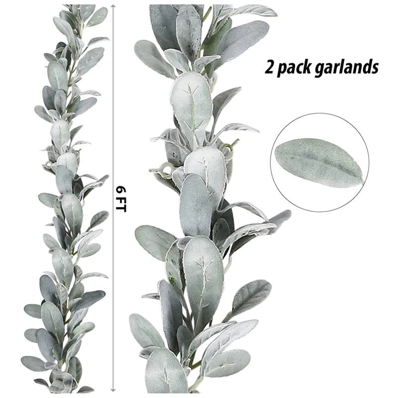 2 Pcs Artificial Flocked Lambs Ear Garland - 6Ft/Piece Soft Faux Vine Greenery and Leaves for Framhouse Mantle Decor | Дом и сад