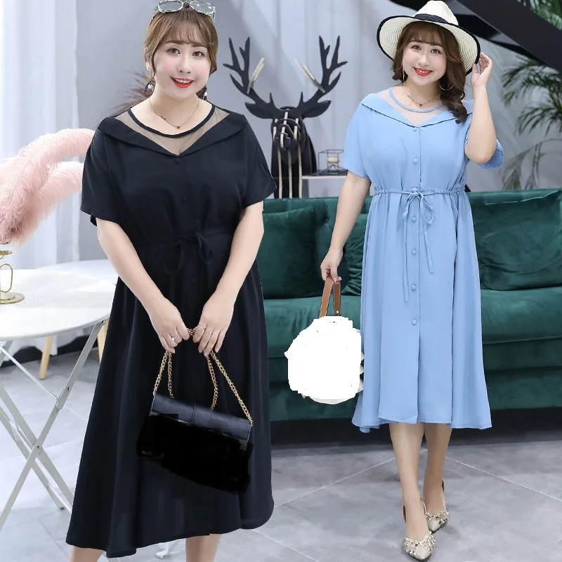 

Summer Chiffon Dress Plus Size Woman Casual Black Short Sleeve Beach Work Elegant Dresses Female Dress 4XL