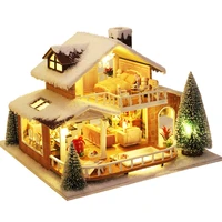 kids toys wooden block art house diy ice and snow manor building blocks model dollhouse with musicled light christmas girl gift