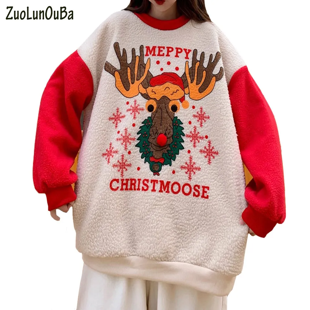 

Autumn Winter Hoodie Sweatshirt Thick Lamb Wool Christmas Antlers Elf Pullover Wear Long Sleeve Round Neck Fake Two Piece Coat