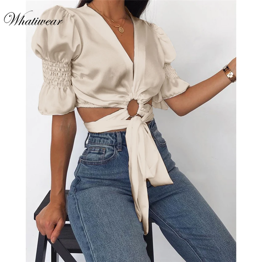 Whatiwear Boho Сексуальный летний укороченный топ, женские топы, глубокий v-образный вырез, открытая пляжная рубашка на шнуровке, blusa feminina