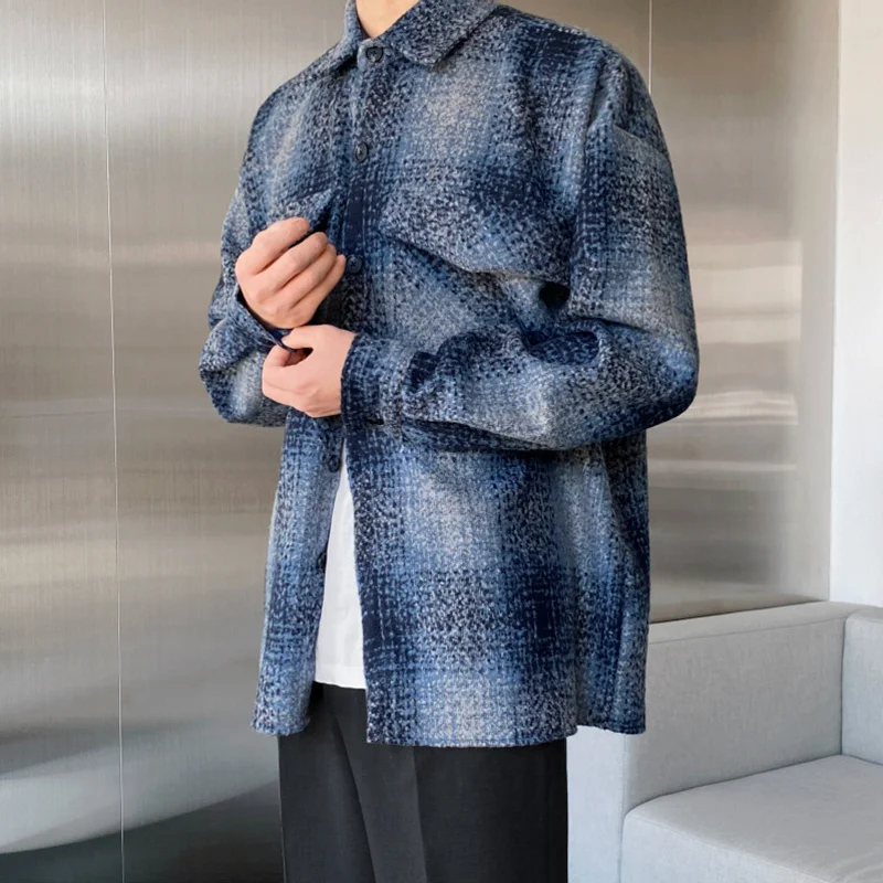 

Рубашка мужская твидовая в клетку, модная шикарная Толстая свободная однобортная блуза с отложным воротником и длинными рукавами, корейски...