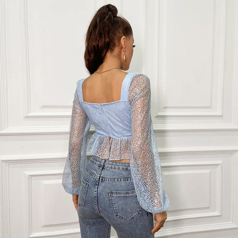 

Women Blouse, Short Style, Mesh Stitching Sexy V-neck Perspective Design Bow Bandage Summer Clothing
