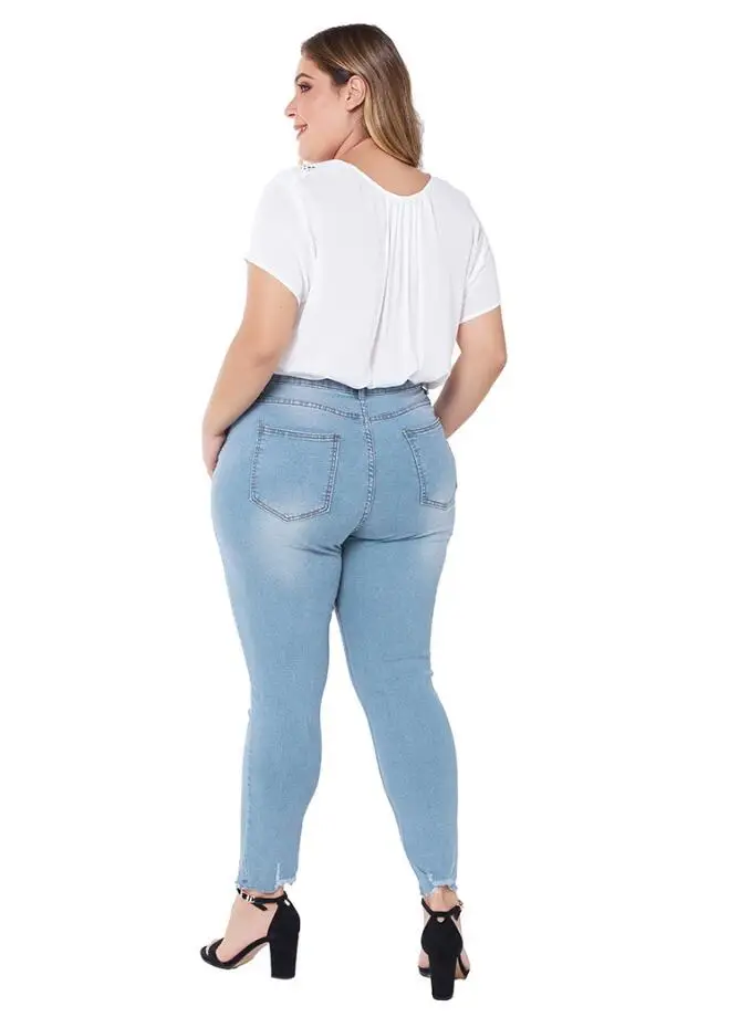 

2021 Spring new Europe Jeans women fashion Hole Plus size 4XL Washing Slim Denim Pencil pants female trousers p2015