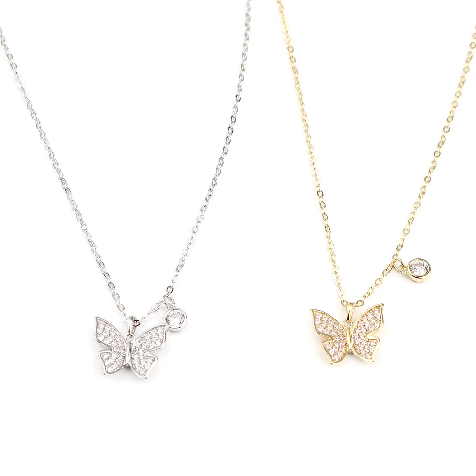 

Doreen Box 925 Sterling Silver Insect Necklace Gold Plated Butterfly Animal Light Pink Rhinestone Micro Pave 41cm long, 1 Piece