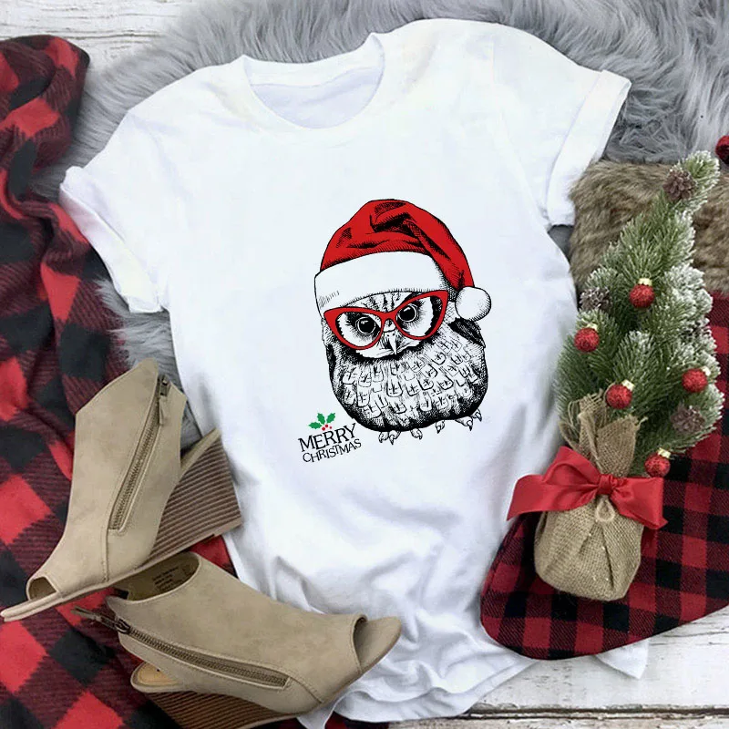 

White Suitable All Seasons Tshirt Female Top Cute Dog with Christmas Hat T Shirt Women Fashion Merry Christmas Harajuku T-shirt