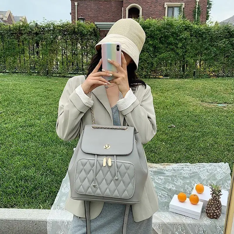 

Classic Chain Lozenge Backpack for Women High Quality Pu Leather Designer Backpack Teenage Girls Brand Drawstring Backpack Chic
