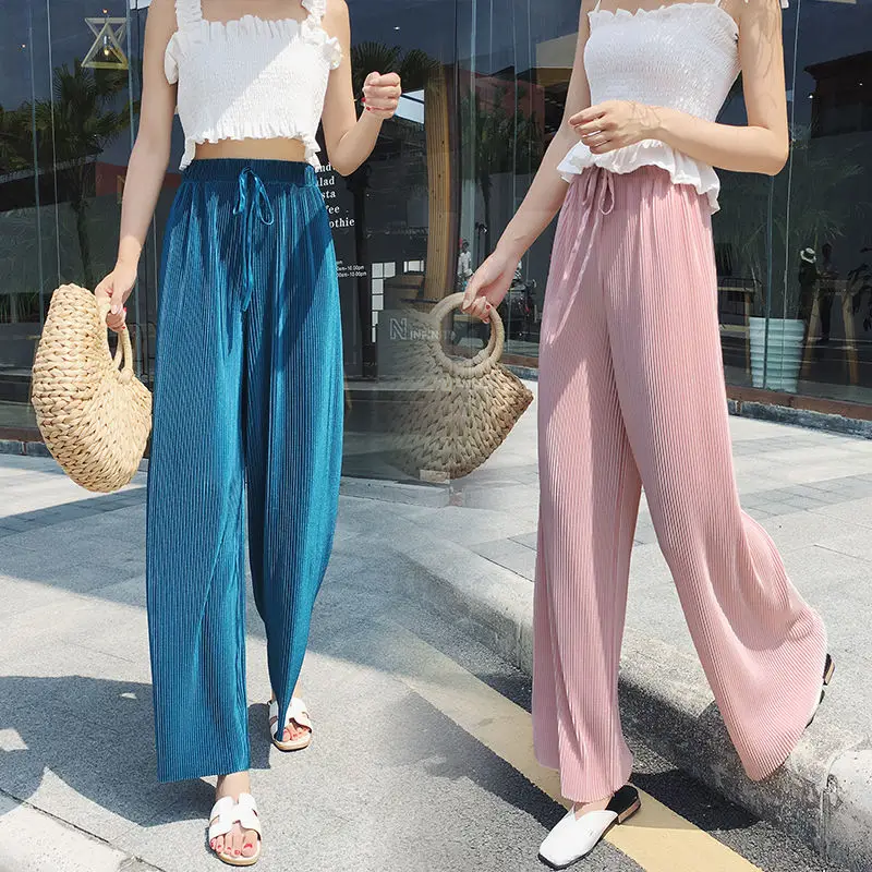 

Wide Leg Pants Eastic Waist Pants Casual Ankle-Length Pleated Pant Female Harajuku Trousers 2020 Women Summer New