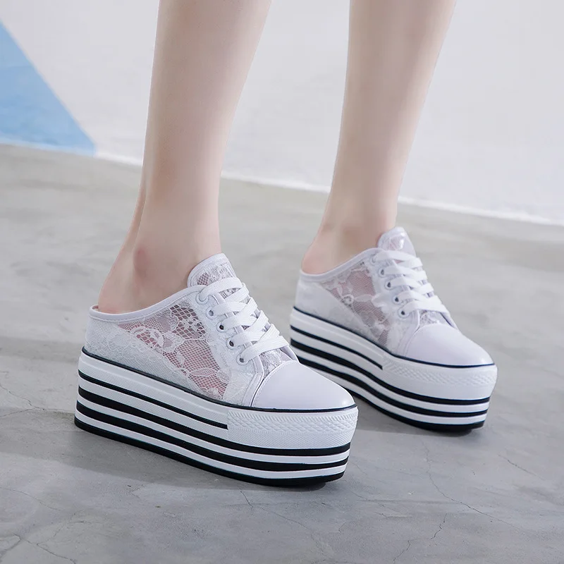 New Lace Sneakers Wedges Platform Shoes Half Slippers Mules Shoes Women Chunky Heels Casuales Black White Shoes Woman Slippers
