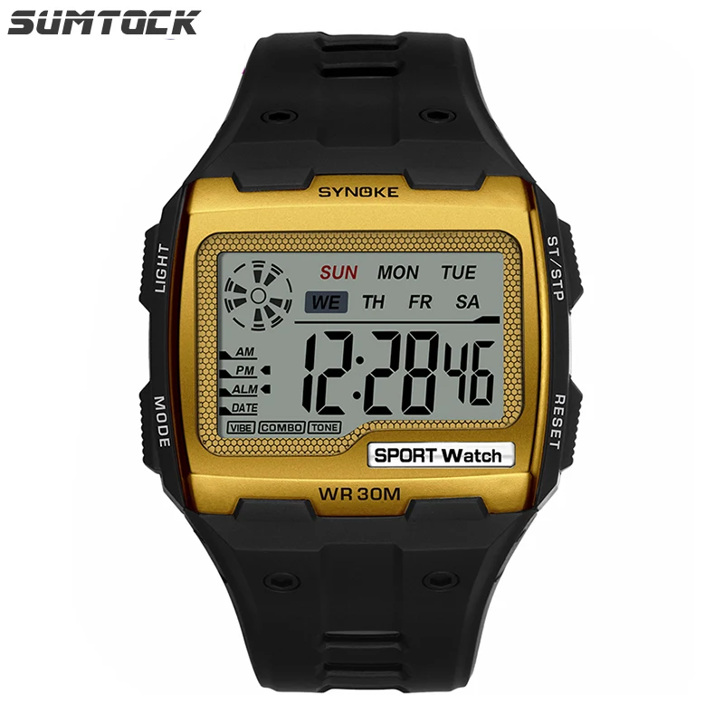 Gold Watch SYNOKE большой экран дисплей электронные часы для мужчин 30 м Водонепроницаемый Будильник хронограф ночной Светильник 12/24 часов часы - Цвет: Gold Watch